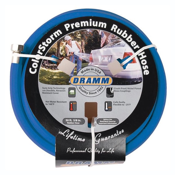 Dramm 5/8 in ID x 50 ft L ColorStorm Water Hose, EPDM Tube, Blue, Nickel-platted Brass Fitting 17005 - main